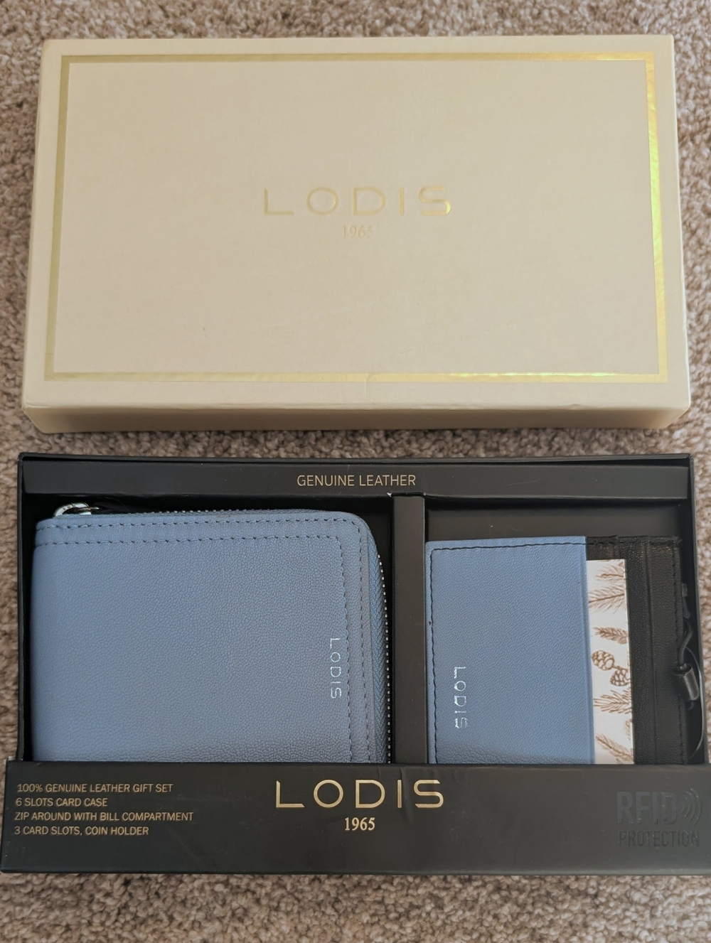NIB LODIS Soft Blue Leather Zip Wallet & RFID Card Holder Set